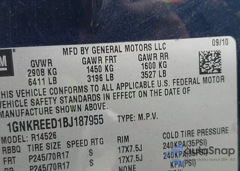 2011 Chevrolet Traverse Ls из США, поврежденный, VIN 1GNKREED1BJ187955